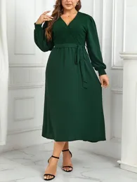 Plus Size Dresses Green A Line Dress For Women V Neck Long Lantern Sleeves Lace Up Empire 2023 Elegant Causal Simple Gowns Outfits