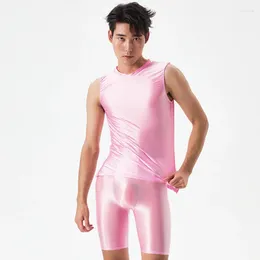 Men's Thermal Underwear Shiny Suit Sexy Silky Transparent Underpants Vest Body-building For Men