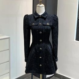 Casual Dresses French Black Small Fragrant Tweed Mini Dress Women's Long Sleeves Waist Slim A Line Fashion Sweet Shiny Chic Short Woman