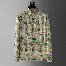 2023 Summer Ice Silk Flower Shirtsmen Long Sleeve Loose Casual Shirts Fashion Business Social Party Tuxedo Blouse Men Clothing