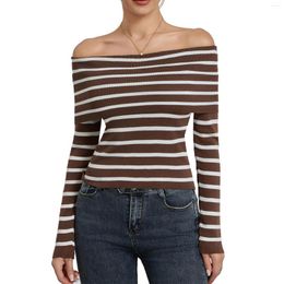 Women's T Shirts Off Shoulder Women T-shirts Spring Autumn Boat Neck Backless Slim Fit Tee Ladies Striped Long Sleeve Crop Tops Casual