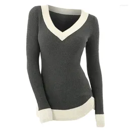 Women's Sweaters Contrasting Textured Long Sleeve Knitwear For Women Plunge Neck Ribbed Hem Knitted Tee Colour Block Slim Basic Shirt