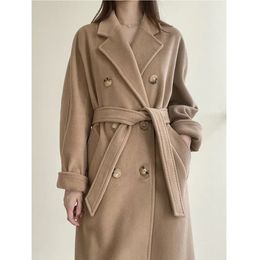 Women's Wool Blends Highend Winter Cashmere Coat Women Camel Color Long Classic Doublebreasted Laceup Gray Red 101801 231120