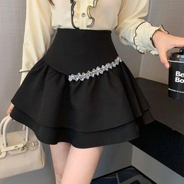 Skirts Korean Sweet Kawaii Ruffles Diamonds All-match Cake Skirt 2023 Summer Elegant Fashion School High Waist A-Line Mini SkirtsSkirts