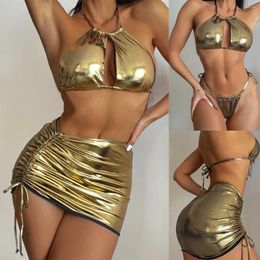 Work Dresses BKLD 3 Piece Sets Women Outfit 2023 Summer Beach Party Clubwear Gold Lace-Up Halter Crop Top Bottoms Shorts And Skirt