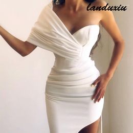 Casual Dresses Landuxiu White One Shoulder Maxi Dress Pleated Split Sleeveless Stretchy Long Evening Wedding Party Gown