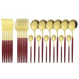 Dinnerware Sets Red Gold Cutlery Set 24Pcs Knives Fork Tea Spoons Stainless Steel Tableware Home Party Kitchen Silverware