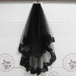 Bridal Veils Black Cosplay Wedding Veil With Comb Short Elbow Length Lace Appliqued Edge Two Layers Tulle Accessories