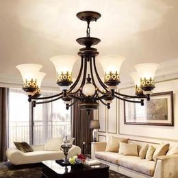 Pendant Lamps American Vintage Chandeliers For Living Room Decoration Home Lighting E27 Led Lamp Black Wrought Iron White Glass Lampshade