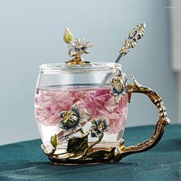 Wine Glasses Enamel Crystal Water Cup Glass Coffee Mug Drinkware Tea Spoon Set Office Home Creative Luxury Flower Painted Mugs Gift