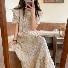 Women's Sleepwear Sweet Floral Print Summer Nightgown Cotton Korean Sleepwear Loose Short Sleeve Ruffles Sleep Dress O-Neck Home Clothes 230421