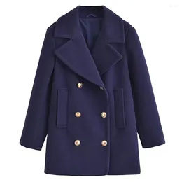 Women's Suits Winter 2023 Fashion Warm Purple Royal Sister Style Double Breasted Jacket Coat Retro Long Sleeve Pocket