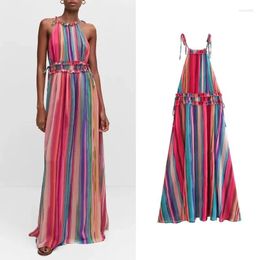 Casual Dresses Sexy Chic Colourful Stripe Patchwork Print Maxi Dress 2023 Summer Women Beach Backless Lace Up Halter Pleated Long