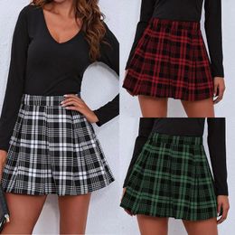 Skirts Women'S Spring And Summer Retro High Waist Black White Gray Red Green Blue Pleated Plaid Casual Tennis Skirt