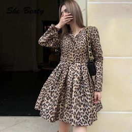 Casual Dresses Leopard Printed A-Line Party For Women Sexy V-Neck High Waist Designer Clothes Chic Mini Dress Robe Femme Vestido