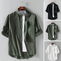 Men's Casual Shirts Men's Stand Collar Half Sleeve Patch Pocket Single Breasted Men Shirt Cardigan Summer Thin Clothing