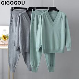 Womens Two Piece Pants GIGOGOU Spring and Autumn VNeck Knitting Set Fashion SweaterHare Tracking Suit Soft Comfortable 231120