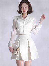 Two Piece Dress Spring Autumn Tweed 2 Piece Outfits Suits Women Sexy Short Cropped Tops Coat Blazer Suit Pleated High Waist Mini Skirt Mujer Set 230421