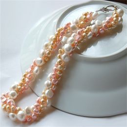 Natural white pink yellow freshwater baroque pearl clavicle twist necklace 44-45cm