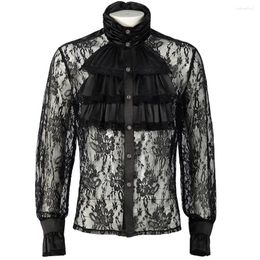 Men's Casual Shirts Lace Floral Vintage And Blouses Solid Black Gothic Long Puff Sleeves Victorian Mediaeval Ruffle Collar Shirt Tops