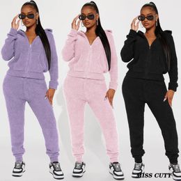 Women's Two Piece Pants Warm Hoodie Jackets 2 Pant Sets Winter Tracksuits Women Elegant Thick Outfits Fur Crop Coats Joggers