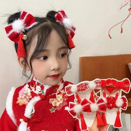 Hair Accessories Red Bow Pins Children's Headdress Tassel Hairclip Christmas Year Korean Clips For Women Girls