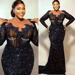 Plus Size Aso Ebi Party Prom Dress Long Sleeves Elegant Mermaid Evening Birthday Black Girl's Dresses African Arabic Style Formal Gowns Sheer Neck Lace Beaded ST256