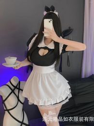 Work Dresses Lace Up Maid Game Uniform Skirt Set Unique Design Love Shape Hollow Out Sweet Cute Style Mature Thin Soft Bowknot 550T