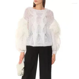 Women's Sweaters ! 11.8 Winter Feather Tassels Hollow Out Wool Knitted Pullover Women Fashion Loose Puff Sleeve Sweater Knitwear