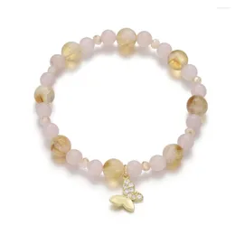 Strand Butterfly Charm 3x4mm Chiness Crystal 6mm Rose Quartz 8mm Citrine/Rose Mix Stone Bead Elastic Bracelet