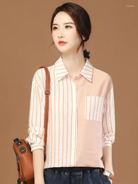 Women's Blouses HCXR Women Luxury 2023 Autumn Polo Neck Long Sleeve Striped Shirt Splicing Casual Versatile Elegant Office Lady Tops