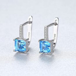 European Luxury Four Claw Square Blue Gem S925 Silver Stud Earrings Jewelry Charm OL Women Micro Set Zircon Earrings for Women Wedding Party Valentine's Day Gift SPC