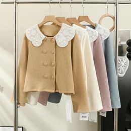 Women's Jackets High Grade Women Long Sleeve Lace Doll Collar Knitted Cardigan 2023 Autumn Winter Fashion Double Breasted Sweater Coat Femme