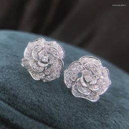 Stud Earrings Romantic Flower Shaped Ear Piercing Women Micro Paved CZ Bridal Wedding Party Gift Fashion Jewellery