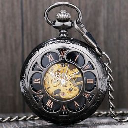 Pocket Watches Luxury Steampunk Mechanical Watch Silver/Black Hollow Flower Steel Hand Wind Men Women Pendant Fob Chain Birthday GiftsPocket