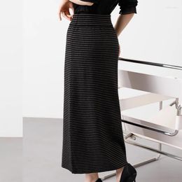 Skirts 2023 Women Leisure Cosy Striped Grey Coffee Lacing Up Adjustable Waist Design Calf Length Knitted Skirt Casual Clothes