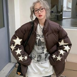 Women's Fur Faux Y2K Dark Brown Coffee Stars Stickers Embroidery Parkas Coat Thick Cotton Oversized Jackets Men Women Hip Hop American Streetwear 231121