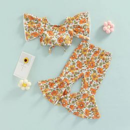 Clothing Sets 1-4Years Girls Two-Piece Clothes Outfit Ruffled Sleeve Flower Printed Tie-Up Tops And Elastic Waist Flare Pants