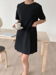 Casual Dresses South Korea Chic Summer French Niche Crew-neck Patchwork Pleats Loose Short-sleeved Small Dress Woman