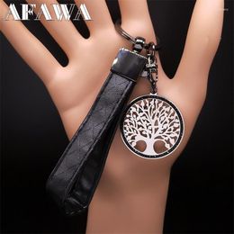 Keychains Tree Of Life Stainless Steel Crystal Pendant Key Chain For Women/Men PU Leather Bag Keyring Holder Souvenir Gift Jewellery