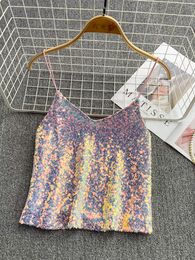 Camisoles Tanks HELIAR Sexy V Neck Shiny Sequin Camis Tops Women Sleeveless Off Shoulder Glitter Short Camisole Tank Evening Party Vest 230421