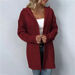 Women's Sweaters Women Casual Fashion Thick Solid Color Knit Hooded Cardigan Sleeve Sweater Jacket
