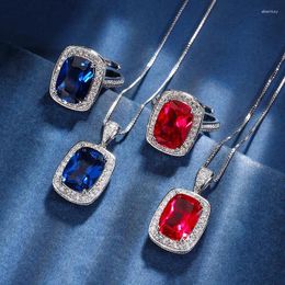Necklace Earrings Set Jewellery Copper Bottom Gold Plated Simulation Red Corundum Blue Spinel Temperament Style Fat Square Women's 10 14