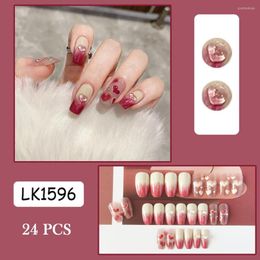 False Nails Long Gradient Heart Sweet Full Cover Fake Nail Tips For Women Girl Artificial Jelly Gel/Glue Type 24PCS DIN889