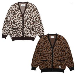 Men's Sweaters Oversized WACKO MARIA NANGA Leopard Print Pure Cotton V-Neck Knitted Cardigan Sweater Winter Long Sleeve Men Women 1:1 High