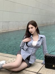 Women's Blouses Fashion Shirt Women Slim Fit Striped Turndown Collar Long Sleeve Crop Tops 2023 Blusas De Mujer Korean Casual Blouse