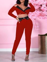Women's Two Piece Pants LW Elegant Women Tracksuit 2 Set Strappy Crop Top Button Design Skinny Tops Matching Streetwear Outfits