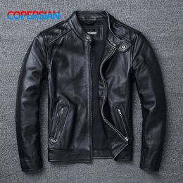 Mens Leather Faux Top Layer Cowhide Slim Fit Stand Collar Motorcycle Suit Jacket Soft Large Size Fashion 231120