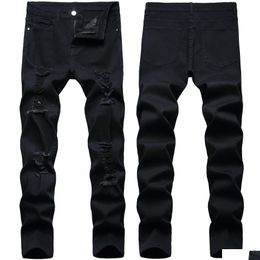 Men'S Jeans Mens Retro Black Stretch Hole Ripped Slim Fit High Quality Fashion Casual Denim Trousers Drop Delivery Apparel Clothing Dhkub