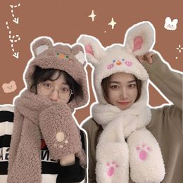 Hats Scarves Sets Fashion Winter Cute Cartoon Bear Lamb Plush Caps Gloves Scarf Set Warm Thickened Ear Brown Hat For Women Girl Year Gift 231121